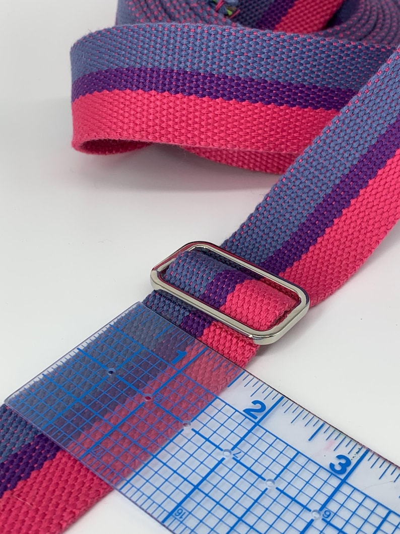 May include: A close-up of a pink, purple, and gray striped webbing strap with a silver metal buckle. The strap is measured with a ruler, showing it is 2 inches wide.