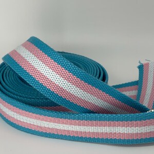 May include: A roll of teal blue webbing with two white stripes and one pink stripe.