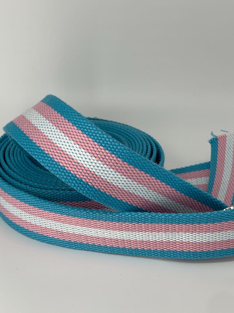 May include: A roll of teal blue webbing with two white stripes and one pink stripe.