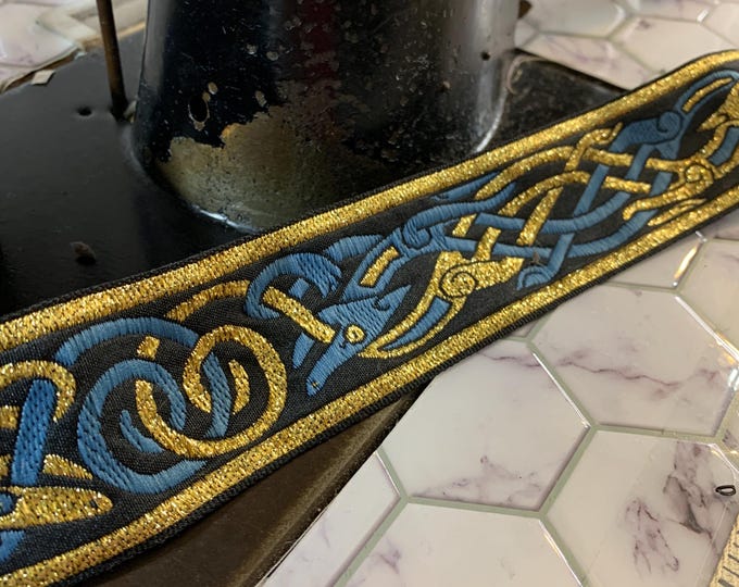Celtic Dragon Beastie Trim - Steel Blue and Gold - 1-7/8