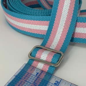 May include: A turquoise, pink, and white striped strap with a silver metal buckle. The strap is measured with a ruler, showing it is 1 inch wide.