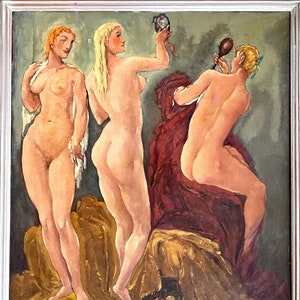 1930s Large Expressionist 3 Graces Oil Painting by Henri BURKHARD Listed NYC Paris