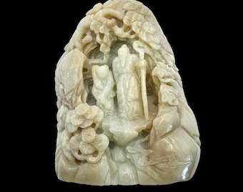 Inscribed Qianlong Period Finely Carved Pale Celadon Jade Luohan Boulder