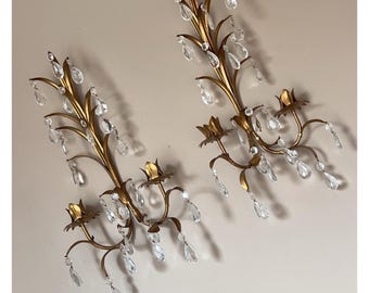 Pair VTG 60’s Hollywood Regency Italy Gold Gilt Wall Sconces 19” Crystal Prisms