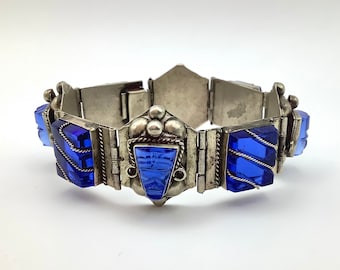 Gorgeous Vintage Royal Blue Glass & Alpaca “Silver” Mayan Style Bracelet