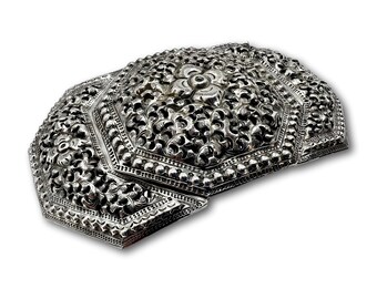 Huge Antique Chinese Malay Straits Ornate Sterling Silver Belt Buckle, 125.21g