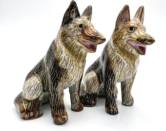 Pair Vintage Sitting Dog Brass Enamel Chinese Cloisonne Figurines