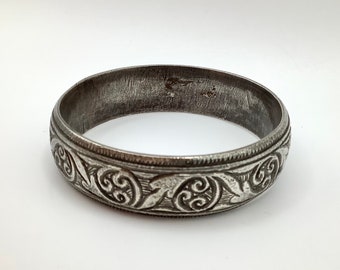 Antique Heavy Carved Berber Silver Morocco Bangle Bracelet, Ram Hallmark 114g