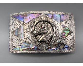 Vintage ALC Guadalajara Mexico 925 Silver Horse Abalone Etched Belt Buckle 96g