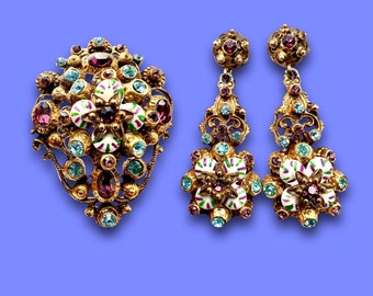 Austro Hungarian Jewelry Brooch and Earrings Painted Enamel & Rhinestones