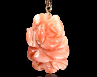 Vintage Large Hand Carved Angel Skin Coral Floral Flower Rose Pendant