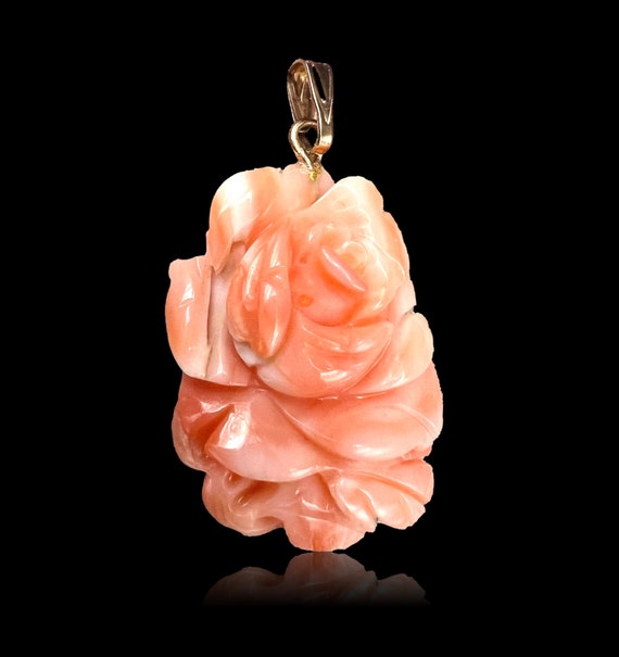 Vintage Large Hand Carved Angel Skin Coral Floral… - image 1