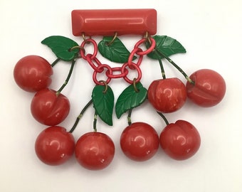 Fabulous Vintage Art Deco Bakelite Cherry & Leaves Dangle Brooch Pin