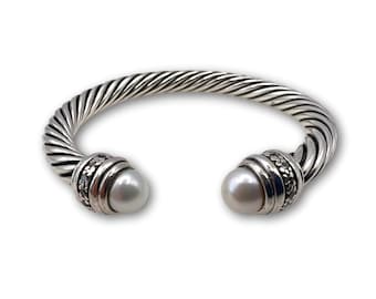 David Yurman Diamond & Pearl Sterling Silver 7mm Classic Cable Bangle Bracelet