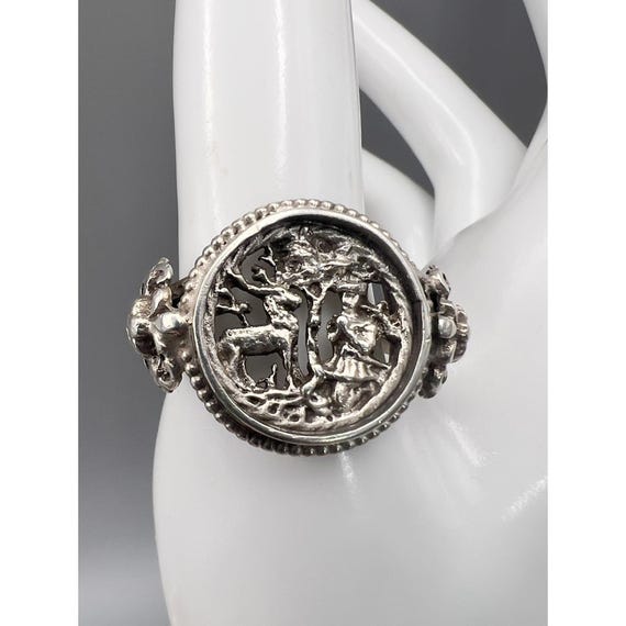 Antique Renaissance Revival Sterling Silver Ring Mythology Stag Cherubs Peruzzi