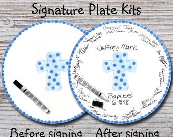 Hand Painted Signature Baptism/Christening/Communion Plate - Blue Cross Design - Baby Plate -Plates - Baby Shower
