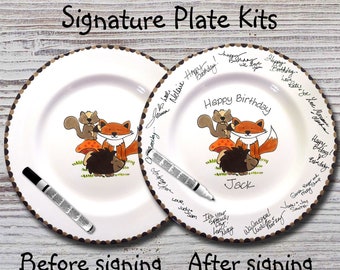 Hand Painted Signature Birthday Plate - Hand Painted Signature Baby Shower Plate - Woodland Animals - Happy Birthday Plate - 1st Birthday
