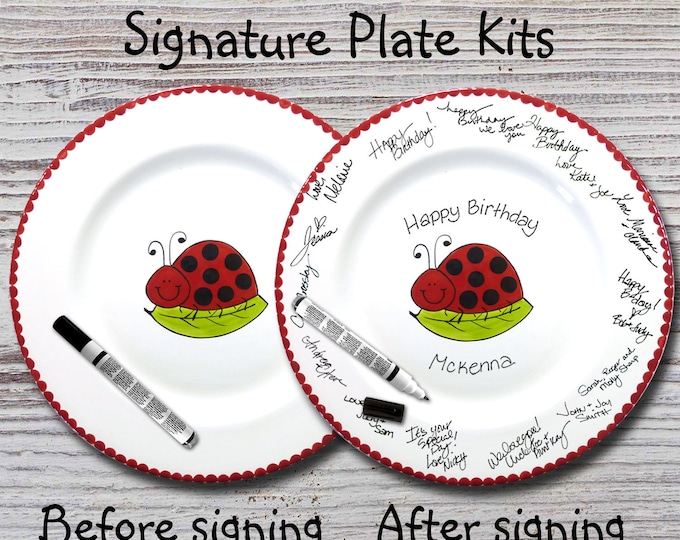 Hand Painted Signature Birthday Plate - Smiling Ladybug - Happy Birthday Plate - 1st Birthday - Lady bug - Birthday Gift