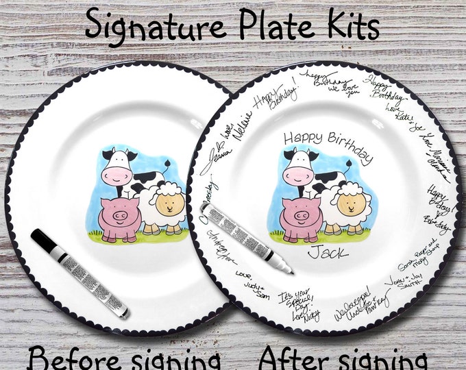 Hand Painted Signature Birthday Plate - Hand Painted Signature Baby Shower Plate - Farm Animal Design - Happy Birthday Plate - 1st Birthday