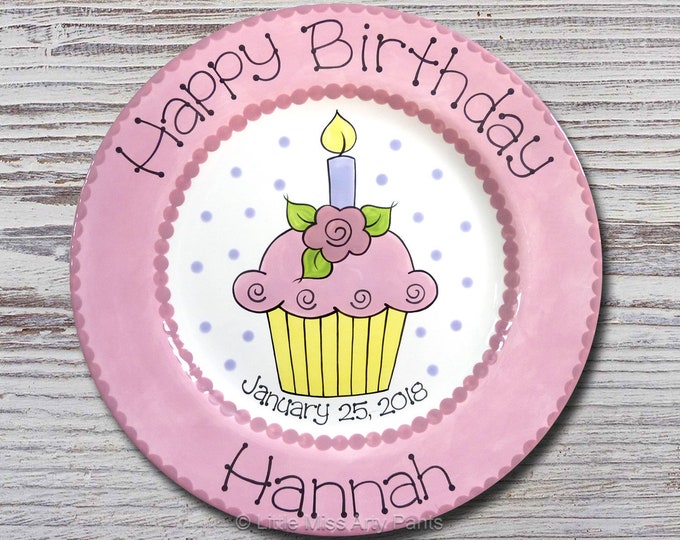 Personalized 11" Happy Birthday Plate - Happy 1st Birthday Plate - Flower Cupcake Design