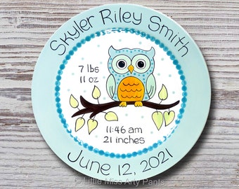 Personalized Ceramic Birth Announcement 11" Plate - New Baby Gift -  Baby Owl  Design