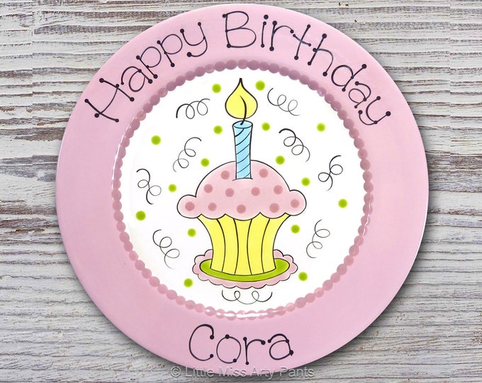 Personalized 11" Happy Birthday Plate - Happy 1st Birthday Plate - Whimsical Birthday Cupcake Design