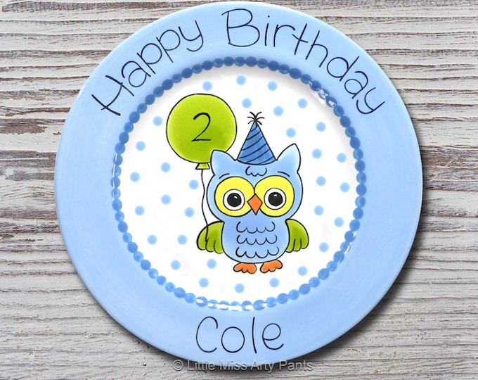 Personalized 11" Happy Birthday Plate - Happy 1st Birthday Plate - Birthday Owl Plate Design
