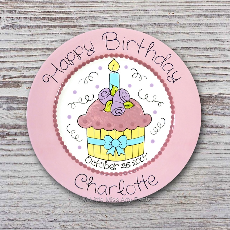 Hand painted Ceramic Birthday Plate Pretty Cupcake Design Happy Birthday Plate 1st Birthday Plate Personalized Birthday Plates
