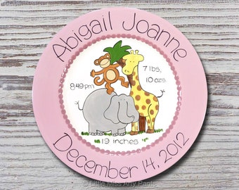 Personalized Ceramic Birth Announcement 11" Plate - New Baby Gift -             Zoo Animals Design