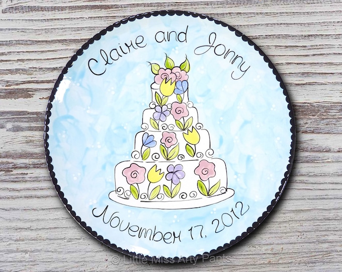 Personalized Wedding Plates - Anniversary Plate - Hand Painted Ceramic Wedding Plate -Personalized Wedding Plate- Spring Flower Wedding Cake