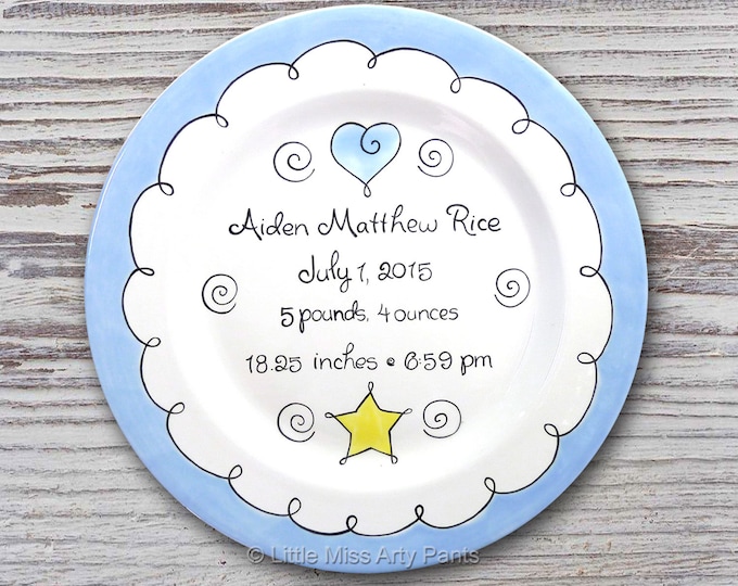Personalized Ceramic Birth Announcement 11" Plate - New Baby Gift -           Sweet Baby Design Heart and Star