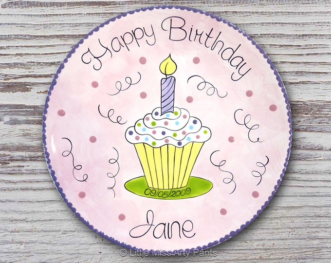 Personalized 11" Happy Birthday Plate - Happy 1st Birthday Plate - Swirly Frosting Cupcake Design