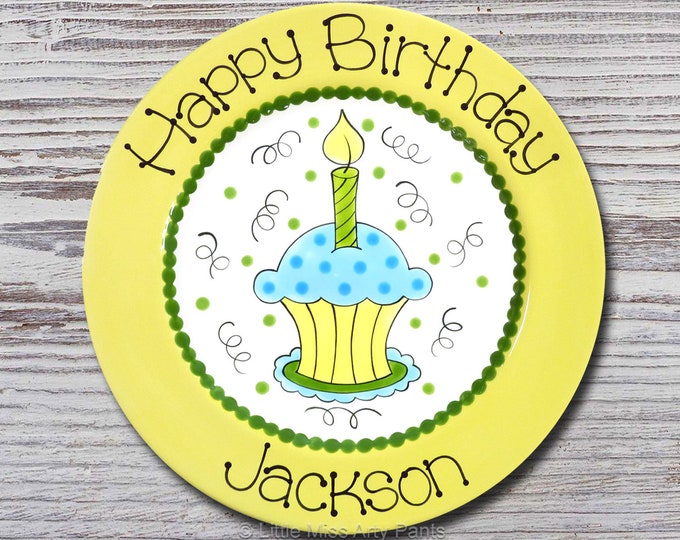 Personalized Birthday Plates - Happy Birthday Plate - 1st Birthday Plate - Hand painted Ceramic Birthday Plate - Birthday Cupcake Design
