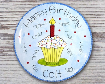 Personalized 11" Happy Birthday Plate - Happy 1st Birthday Plate - Swirly Frosting Cupcake Design