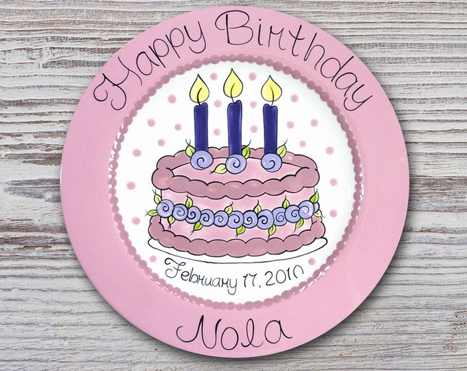 Personalized 11" Happy Birthday Plate - Happy 1st Birthday Plate - Floral Birthday Cake Design
