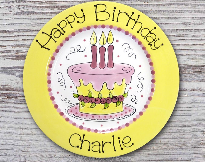 Personalized Birthday Plates - Happy Birthday Plate - 1st Birthday Plate - Hand painted Ceramic Birthday Plate - Little Flower Cake Design