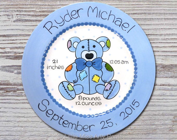 Personalized Ceramic Birth Announcement 11" Plate - New Baby Gift -           Patchwork Teddy Bear Design