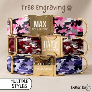 May include: Three pet collars with gold-tone metal buckles engraved with names and phone numbers. The top collar features a pink camouflage pattern, the middle a red camouflage pattern, and the bottom a purple camouflage pattern.
