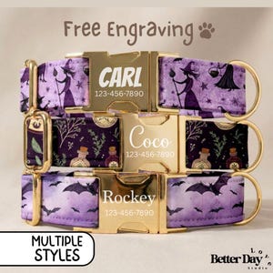 May include: Three pet collars with gold-tone metal buckles featuring custom engravings. The top collar is purple with witch silhouettes, the middle is dark with potion bottles, and the bottom is purple with bats. Each buckle displays a name and phone number.