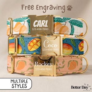 Mango Dog Collar, Personalized Engraved Dog Collar With Name, Tropical Mango Puppy Collar, Mango Lover Dog Mom Gift, Matching Dog Leash Sets