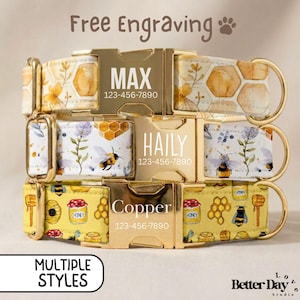 May include: Three dog collars with gold-tone metal buckles featuring custom engravings. The top collar has a honeycomb pattern, the middle has bees and flowers, and the bottom has honey jars and bees. Each buckle displays a name and phone number.