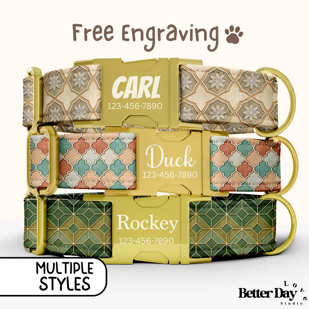 Geometric Tile Dog Collar, Personalized Engraved Dog Collar With Name ...