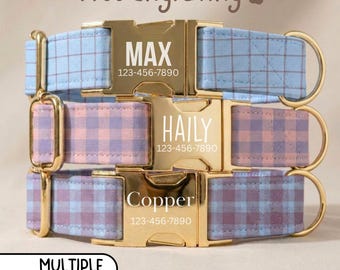 Pastel Plaid Dog Collar With Name, Personalized Engraved Buckle, Blue Pink Purple Lavender