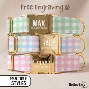 May include: Three pet collars with gold-tone metal buckles featuring engraved names and phone numbers. The top collar is green gingham, the middle is a multi-colored pastel plaid, and the bottom is pink gingham. Each includes a gold D-ring.