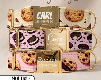 Cookie Dog Collar, Personalized Engraved Dog Collar With Name, Chocolate Chip Treats Puppy Collar, Dog Mom Gift, Matching Dog Leash Sets