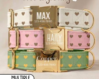 Pastel Heart Dog Collar With Name, Personalized Engraved Buckle, Cream Pink Sage Brown Blue