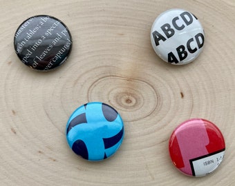 Small Round Pinback Buttons, Numbers and Letters Theme, Made from Vintage Paper