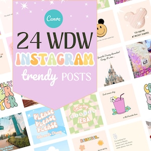 Op de afbeelding: Een collage van 24 Instagram-post ideeën voor een reis naar Disney World. De posts bevatten verschillende thema's, waaronder Mickey Mouse, het kasteel van Assepoester en de woorden "Alstublieft, alstublieft, alstublieft, neem me mee naar Disney".