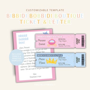 Plantilla de Bibbidi Bobbidi Boutique / Boleto y carta BBB / Princesa Príncipe Sorpresa / Personalizar en Canva