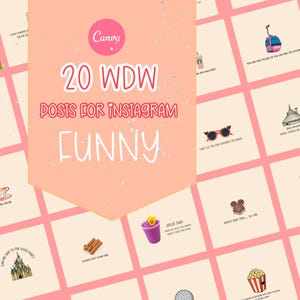 Könnte beinhalten: Eine rosa und weiße Grafik mit dem Text "20 WDW POSTS FOR INSTAGRAM FUNNY" und 20 verschiedenen Bildern von Disney-Motiven und Texten. Die Symbole beinhalten ein Schloss, Churros, einen Dole Whip, einen Golfball, Popcorn, eine Mickey Mouse-Ohrenmütze, eine Spaceship Earth, einen Starbucks-Becher und eine Gondel.